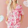Pink Heart Print Shirt Style Silky Short Pajama Set