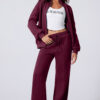 Burgundy Drop Shoulder Zip Up Jacket Drawstring Pants Active 2pcs Set
