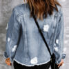 Black Lapel Distressed Raw Hem Buttons Denim Jacket