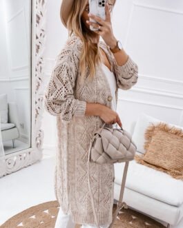 Khaki Hollow-out Openwork Knit Cardigan