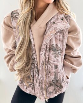 Brown Camo Leaf Print Winter Puffer Vest