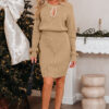 Smoke Gray Pearl Embellished Keyhole Ribbed Sweater Dress