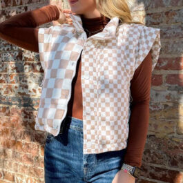 Khaki Contrast Plaid Quilted Button Zip Up Vest