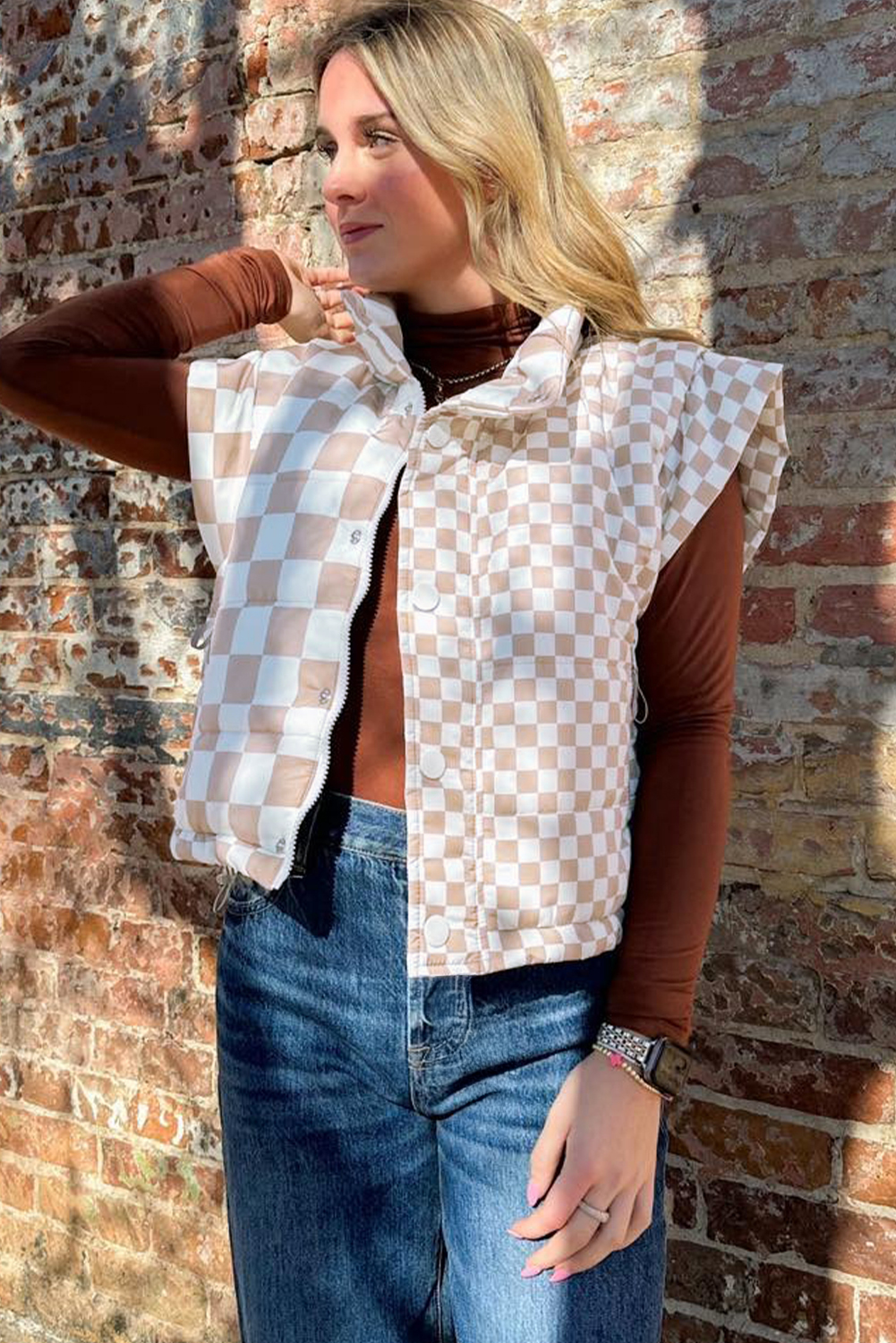 Khaki Contrast Plaid Quilted Button Zip Up Vest - Image 2