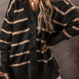 Black Stripe Buttoned V Neck Drop Shoulder Loose Cardigan