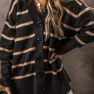 Black Stripe Buttoned V Neck Drop Shoulder Loose Cardigan