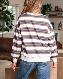 Brown Stripe Crew Neck Drop Shoulder Pullover Sweatshirt