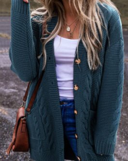 Peacock Blue Cable Knit Button Front Pocketed Baggy Cardigan