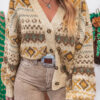 Khaki Western Pattern Knitted Button V Neck Cardigan Sweater