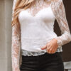 White Sheer Lace Mesh Mock Neck Slim Fit Long Sleeve Top