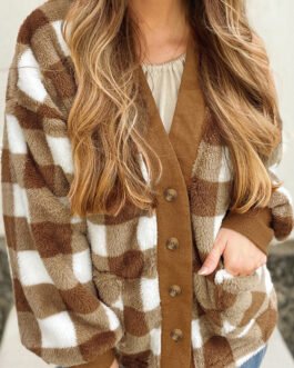 Brown Checkered Sherpa Loose Knit Cardigan with Pockets