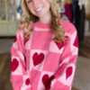 Pink Love Heart Checkered Valentine Crew Neck Sweater