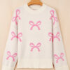 Pink Bow Print Ribbed Trim Exposed Seam Drop Shoulder Loose Sweater