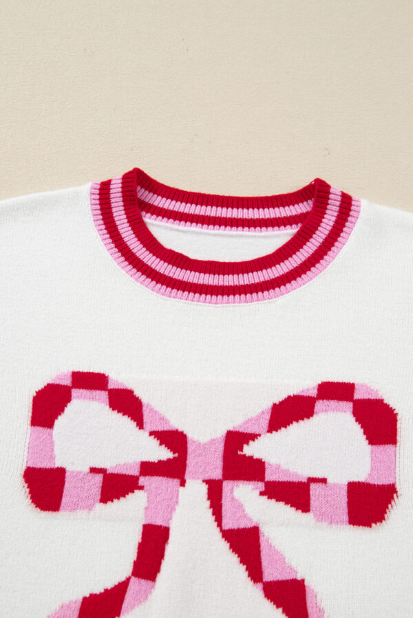 White Striped Trim Bow Graphic Round Neck Drop Shoulder Sweater