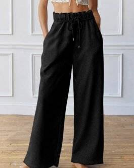 Black Elastic High Waist Drawstring Sweatpants