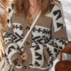 Dark Khaki Ethnic Geometric Pattern Button Front V Neck Sweater Cardigan