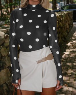 Black Vintage Polka Dot Print Mesh Long Sleeve Bodysuit