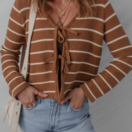 Chestnut Tie Front Striped Knit V Neck Cardigan Sweater