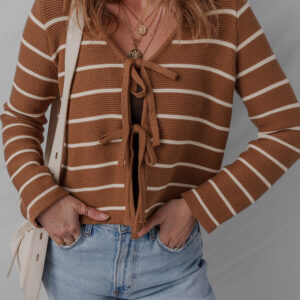 Chestnut Tie Front Striped Knit V Neck Cardigan Sweater
