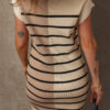 Khaki Stripe Color Block Quarter Zip Collar Short Sleeve Sweater Dress