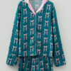 Green Ribbon Bow Print Silky Long Sleeve Shirt and Shorts 2pcs Pajama Set