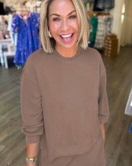 Coffee Solid Color Drop Shoulder Pullover Drawstring Mini Skirt 2pcs Outfit