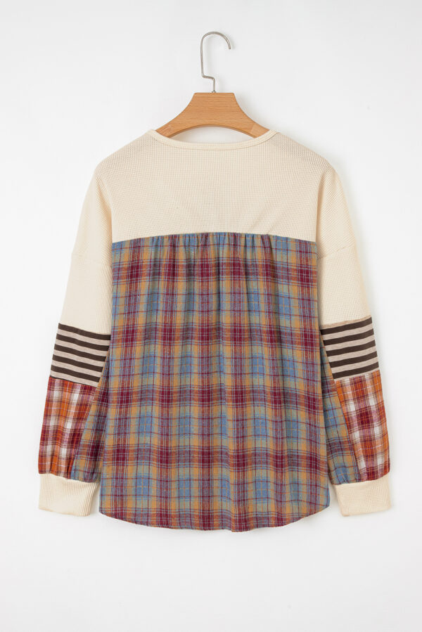 Beige Waffle Stripe Plaid Patchwork Henley Knit Top