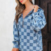 Sky Blue Checkerboard Zipped Neck Kangaroo Pocket Denim Hoodie
