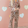 Dearlove Khaki Leopard Print Colorblock Striped Edge Shirt and Pants Pajama Set