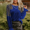 Sky Blue Leopard Patchwork Shoulder Flounce Sleeve Velvet Blouse