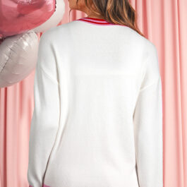 White Striped Trim Bow Graphic Round Neck Drop Shoulder Sweater