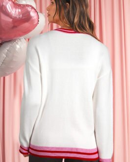 White Striped Trim Bow Graphic Round Neck Drop Shoulder Sweater