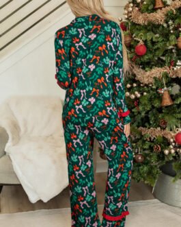 Green Festive Bow Print 2pcs Pajama Pant Set