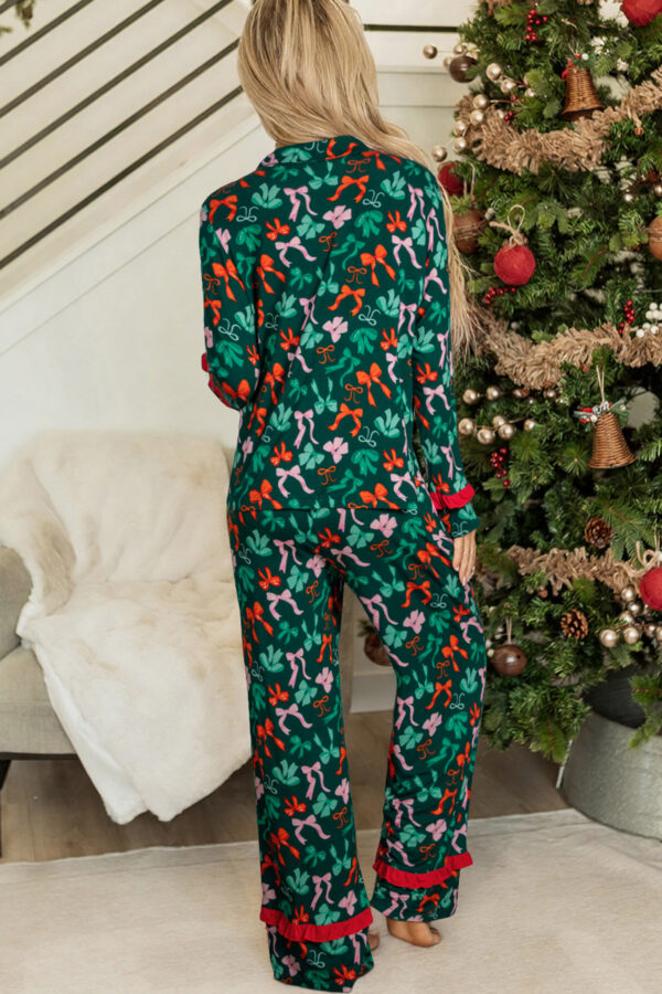 Green Festive Bow Print 2pcs Pajama Pant Set