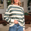 Khaki Stripe Crew Neck Drop Shoulder Pullover Sweatshirt