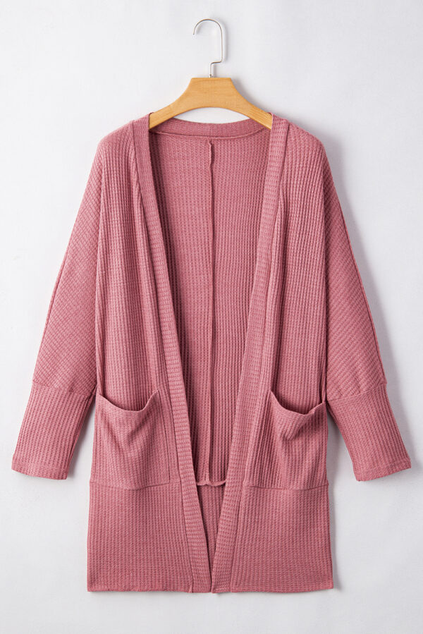 Mineral Red Solid Color Waffle Knit Cardigan with Pocket