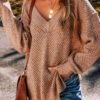Dark Brown Loose Eyelet V Neck Drop Shoulder Sweater