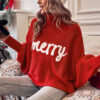 Fiery Red Merry Letter Embroidered High Neck Sweater