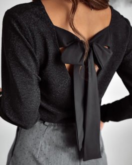 Black Metallic Bowknot Open Back V Neck Top