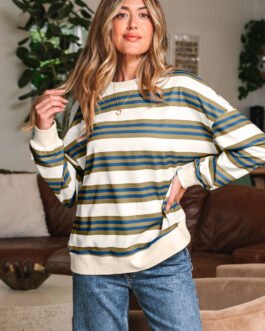 Khaki Stripe Crew Neck Drop Shoulder Pullover Sweatshirt