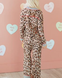 Dearlove Khaki Leopard Print Colorblock Striped Edge Shirt and Pants Pajama Set