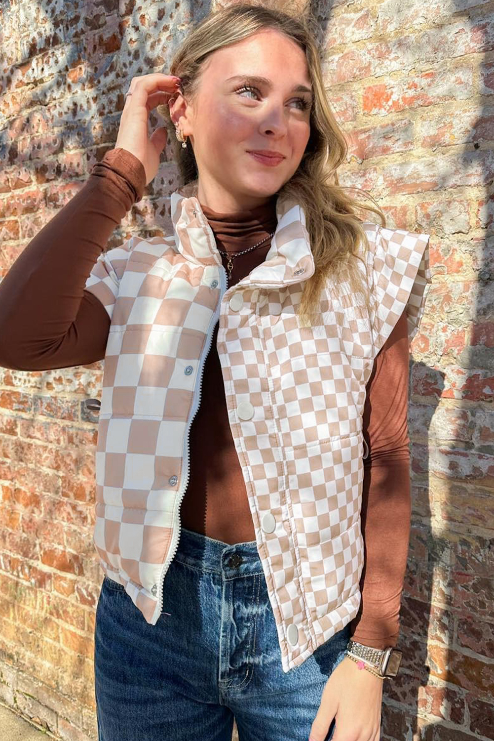 Khaki Contrast Plaid Quilted Button Zip Up Vest - Image 5