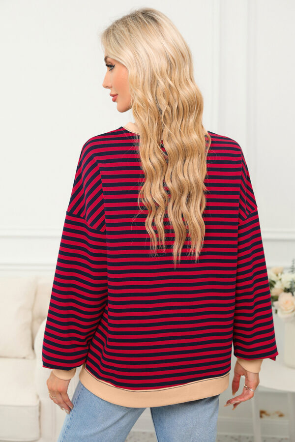 Rose Stripe Contrast Ribbed Trim Crossed Stitch Drop Shoulder Sweatshirt
