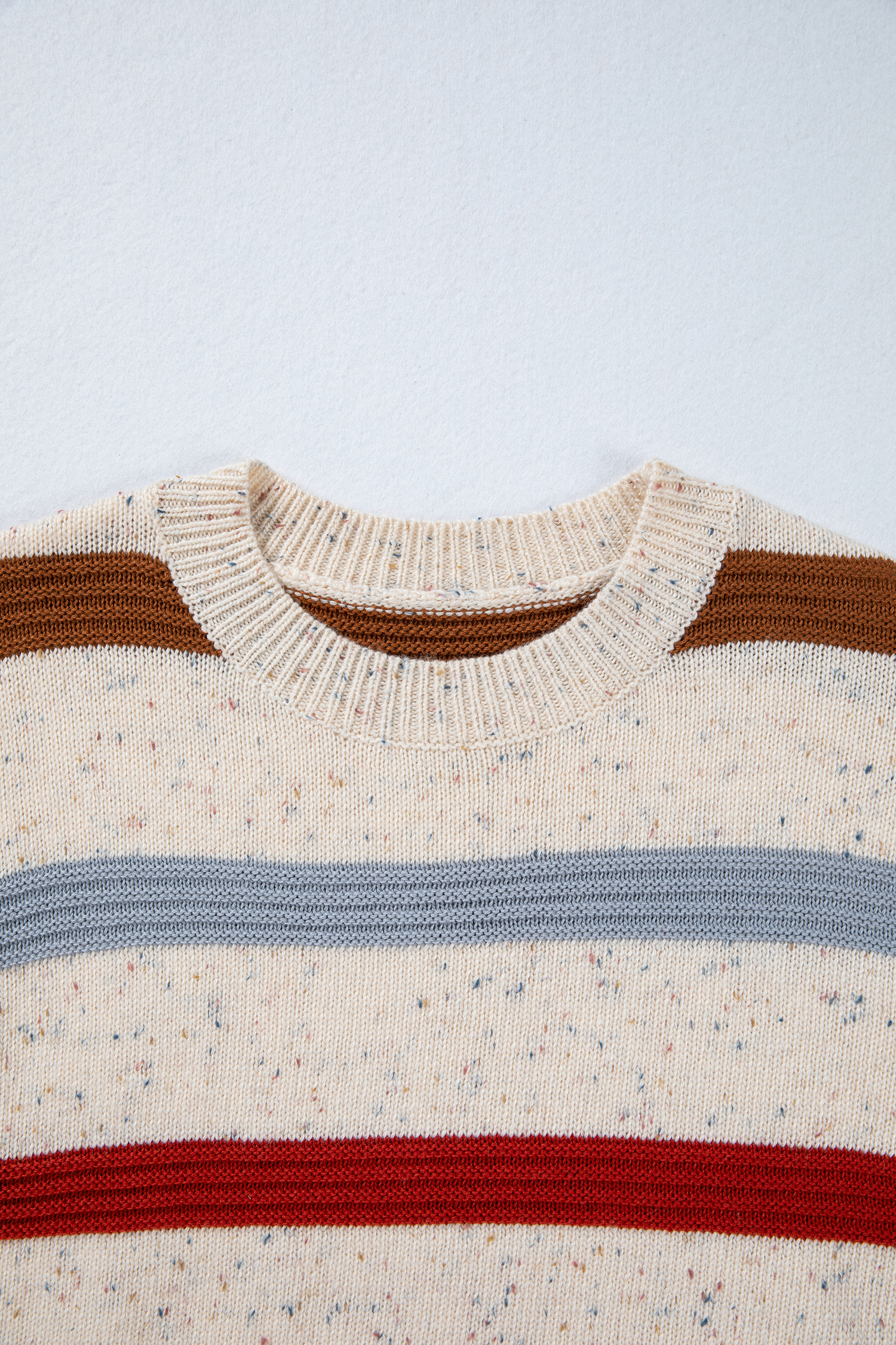 Beige Stripe Exposed Seam Drop Shoulder Heathered Knit Sweater - Image 6