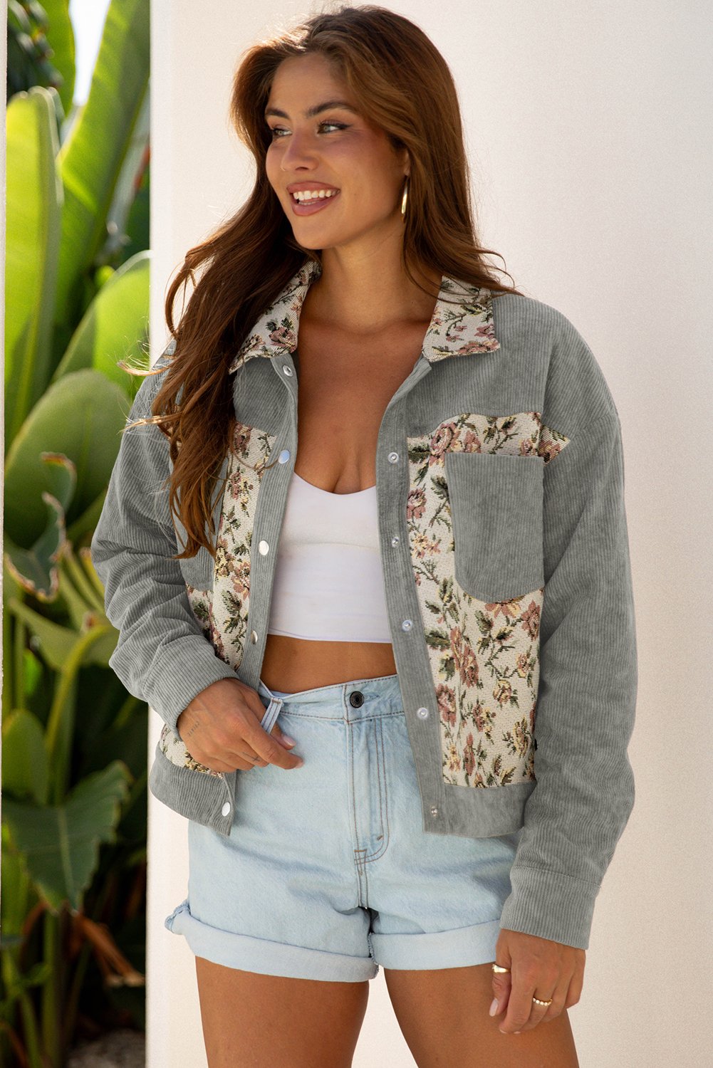 Clay Ribbed Retro Floral Patchwork Shirt Style Jacket - Image 6