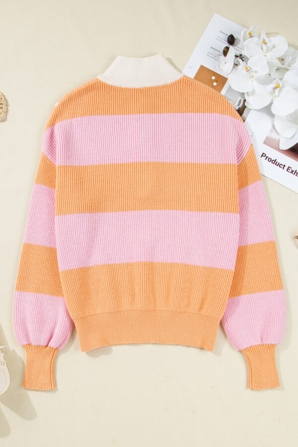 Orange Stripe Colorblock Half Zip Oversize Sweater