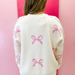 Pink Bow Print Ribbed Trim Exposed Seam Drop Shoulder Loose Sweater