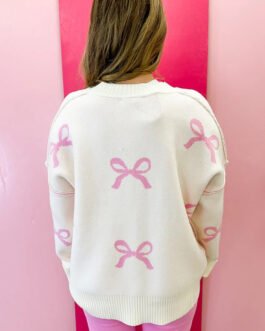Pink Bow Print Ribbed Trim Exposed Seam Drop Shoulder Loose Sweater