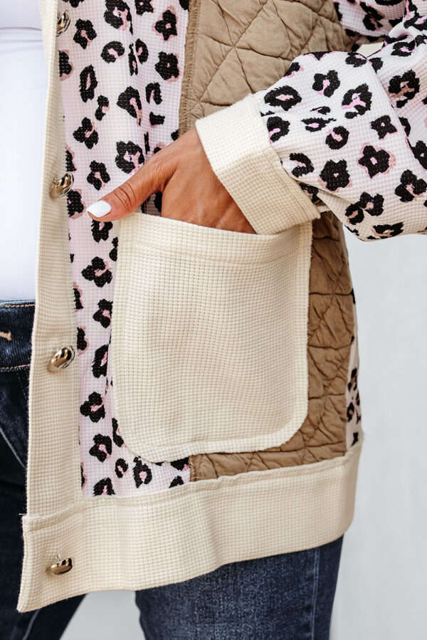 Khaki Leopard Waffle Quilted Patchwork Button Front Jacket
