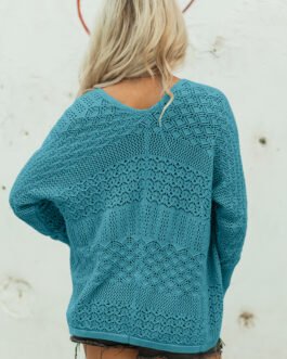 Lapis Mix Pattern Hollowed Knit Open Front Cardigan